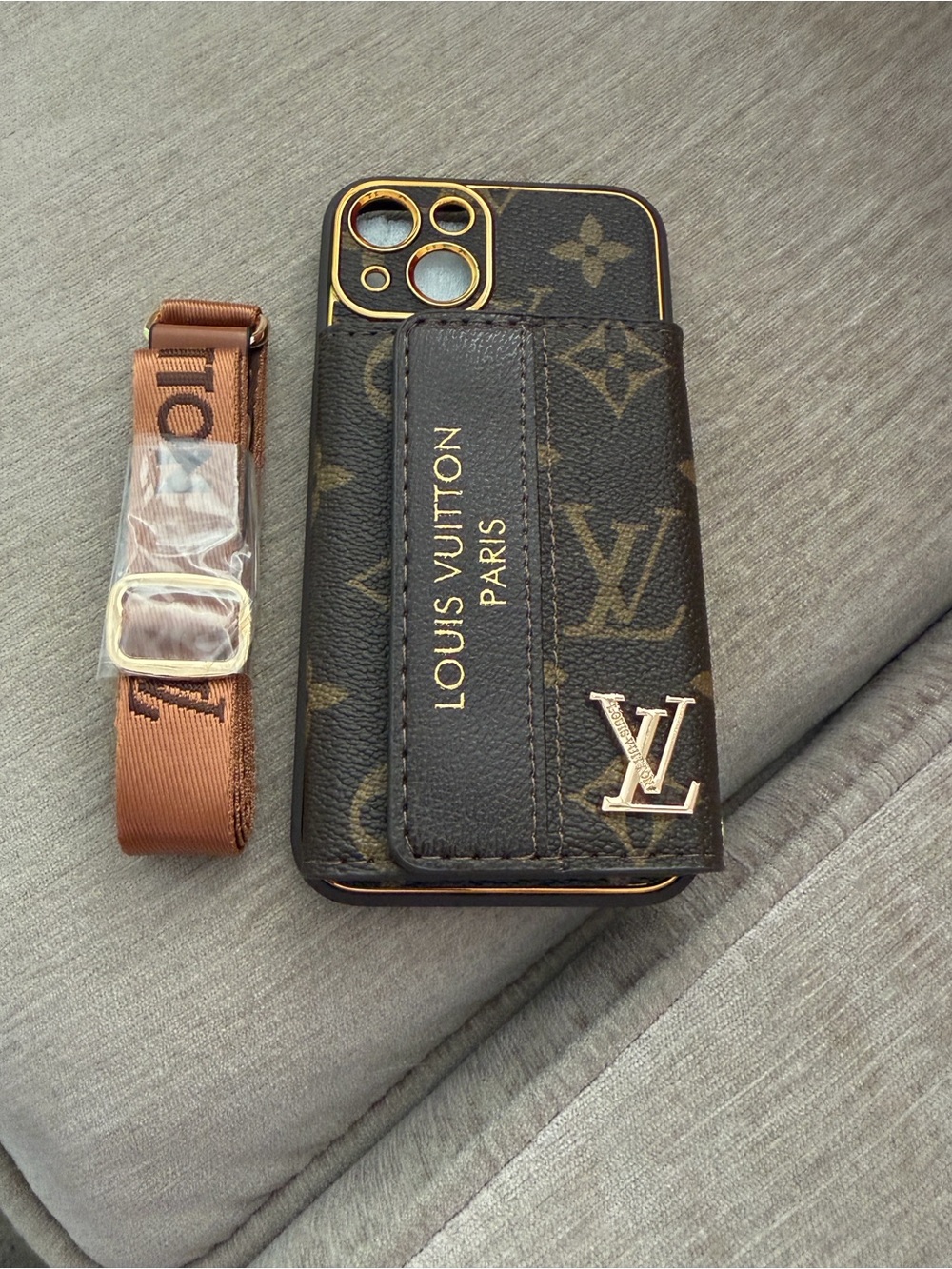 Unbranded faux LV Monogram Canvas Phone Case with Gold LV Accent and Brown Strap